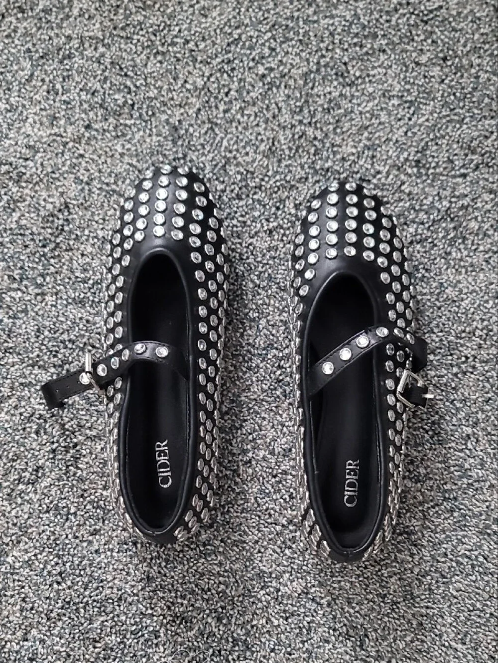 Cider Black Studded Mary Jane Flats with Silver Accents